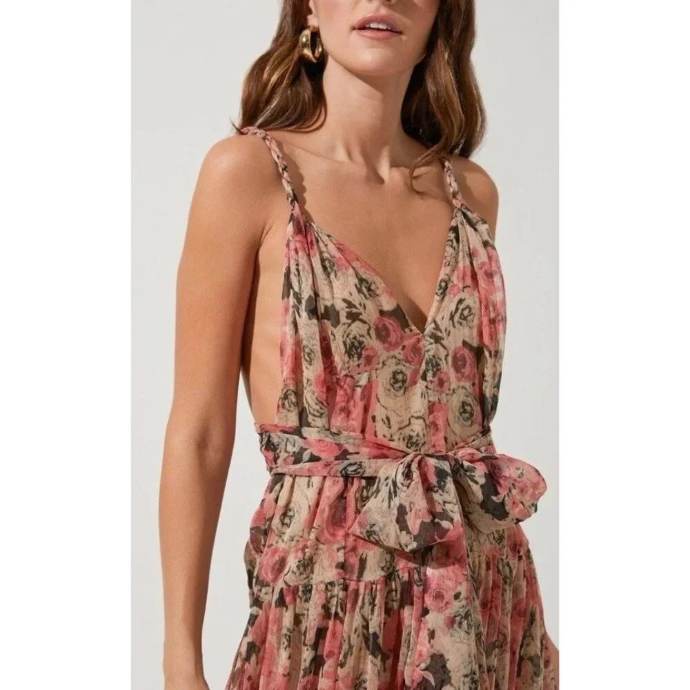 ASTR the Label Eartha Floral Tiered Maxi Dress M Multicolor Taupe Pink Beautiful - Picture 1 of 16